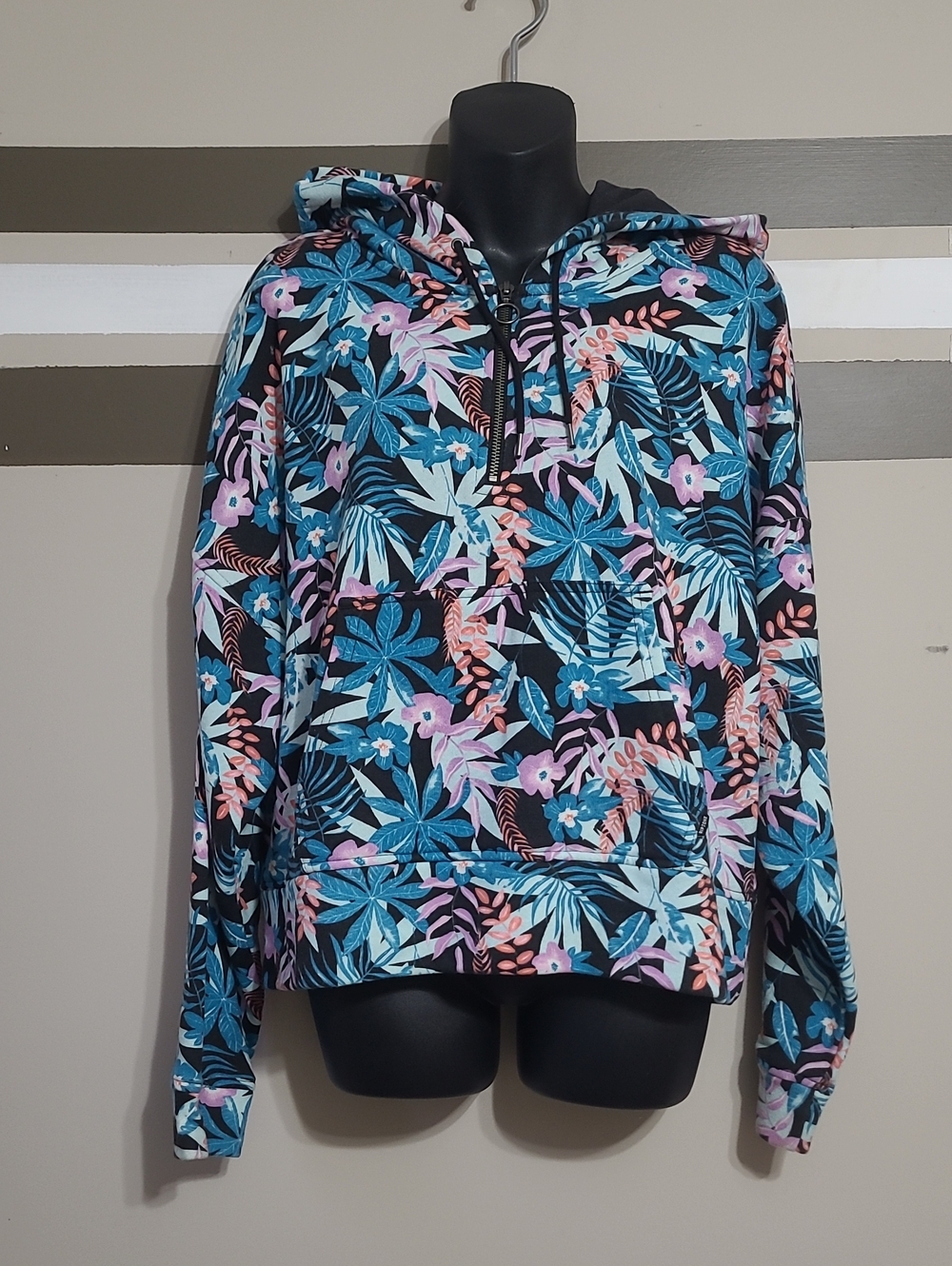 RIPZONE Black Tropical Floral Oversized Cropped 1/4 Zip Hoodie Sz Large